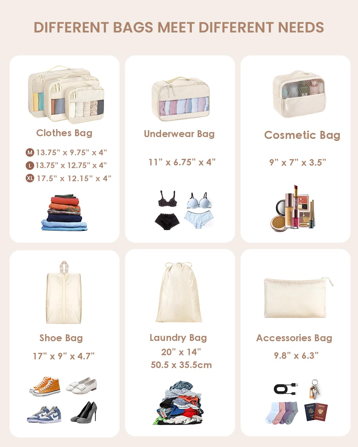 8 Set Packing Cubes, Travel Essentials for Carry on Luggage, Suitcase Organizer Bags Set for Travel Accessories in 4 Sizes(Extra Large, Large, Medium, Small)，Cream