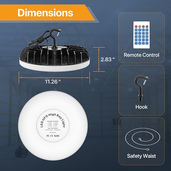 Smart Shop Lights 200W Micware Motion Sensor 24000LM UFO LED High Bay Light with Multi-Function Remote, 10%-100% Dimmable IP65 Waterproof 5000k Garage Lighting 2Pack (Old Remote)