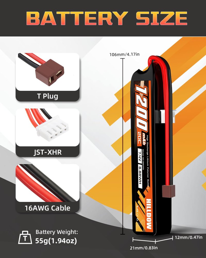 Hilldow 7.4V Lipo Battery 1200mAh 2S Rechargeable 20C Airsoft Battery with T Plug Pack Battery for Airsoft Guns Model Rifle