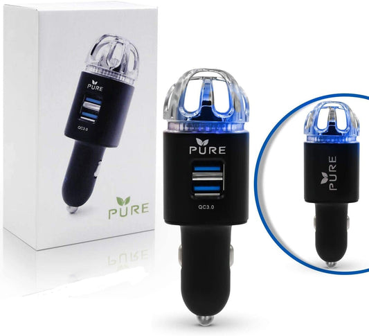 Car Air Purifier Premium Air Ionizer & Car Charger Accessory w Dual USB Ports Quick Charge 3.0 Eliminate Allergens Bad Odor Pet Smell Smoke Pollen Mold Bacteria Viruses PM2.5 & VOCs Deodorizer