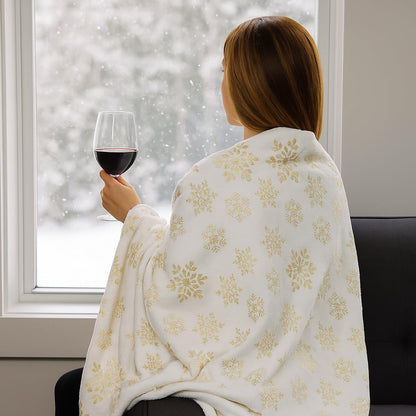 Serafina Home Christmas Holiday Throw Blanket: Velvelty Soft, Durable Fleece Accent for Bed or Couch (Golden Snowflakes, 50 x 60 inches)