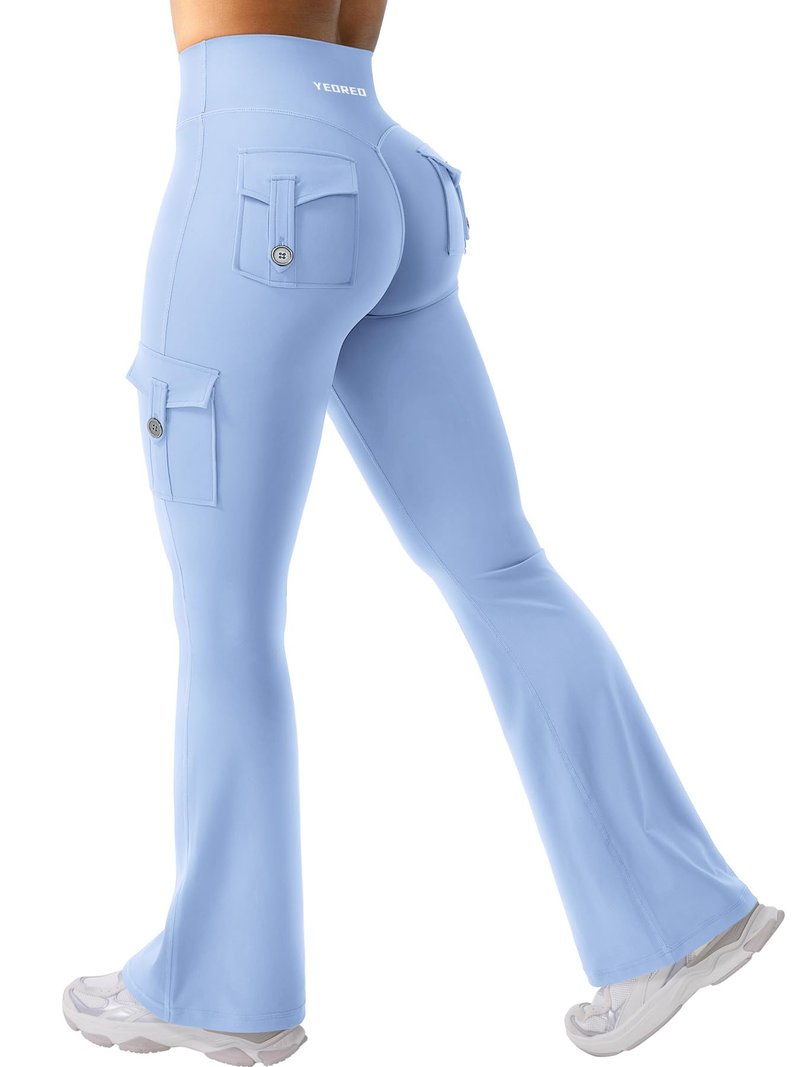 YEOREO CoreFlex Women Workout Flare Leggings with Pockets Hidden Scrunch High Waisted Cargo Gym Yoga No Front Seam Leggings Light Blue XL