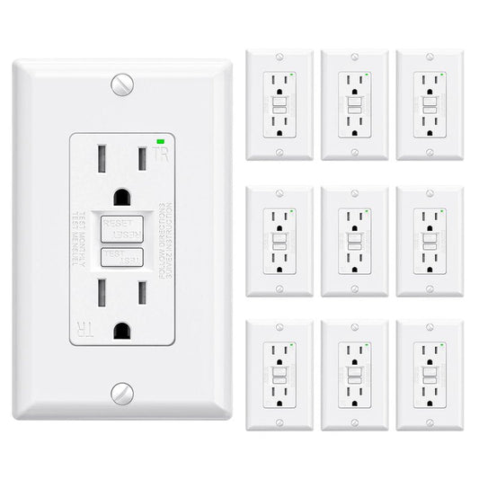 ELEGRP GFCI Outlet 15 Amp, Self-Test GFI Electrical Outlet with Narrow Design, Tamper Resistant GFCI Receptacle with LED Indicator, UL Listed, White, Wall Plate Included, 10 Pack