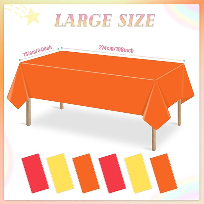 6 Packs Disposable Plastic Tablecloths Red Yellow and Orange Rectangle Waterproof Tablecloth Warm Color Table Covers for Halloween Christmas Children's Carnival Party Decoration,54 x 108 Inch