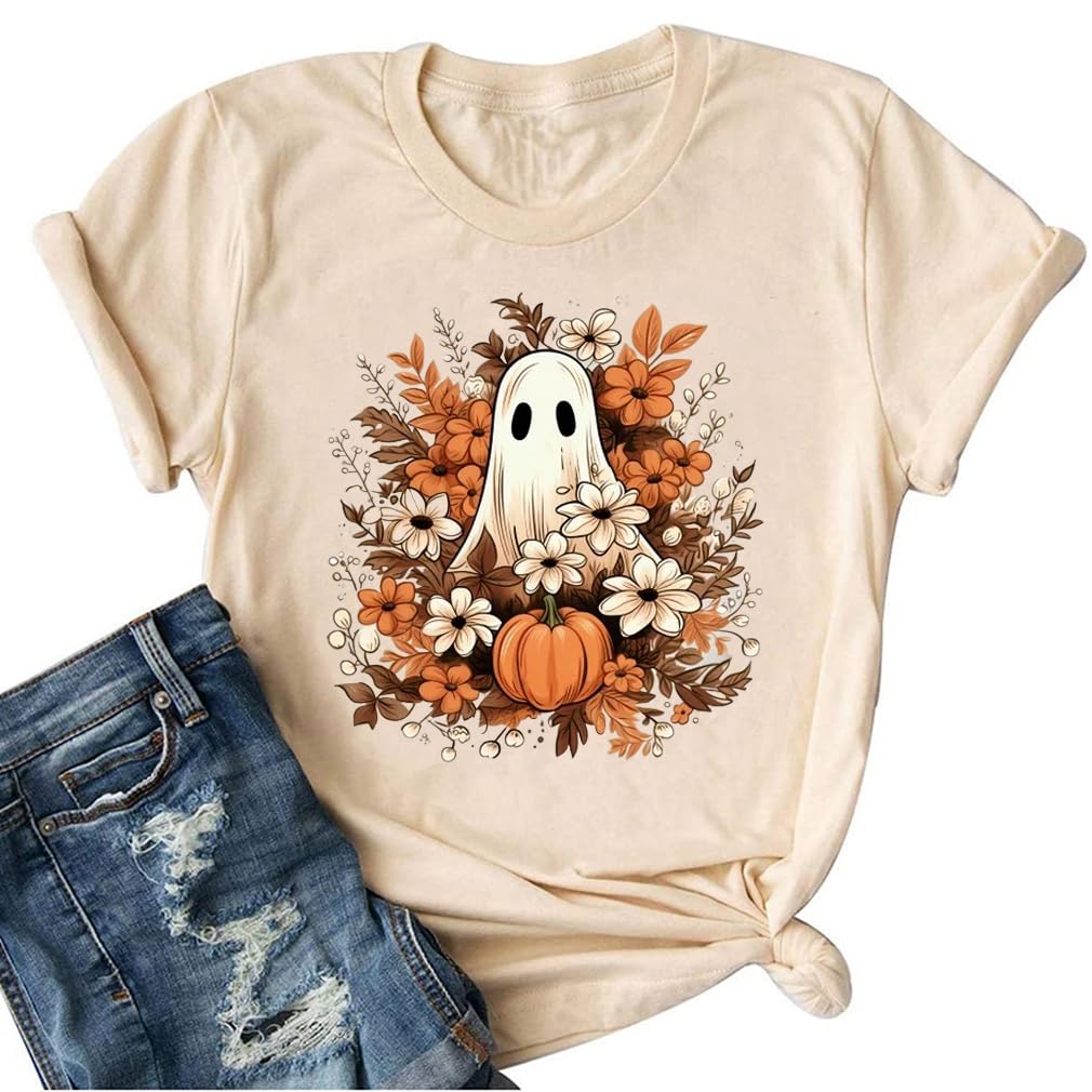Fall Shirts for Women Halloween Tops Cute Pumpkin Graphic Letter Tees Thanksgiving T Shirts Fall Blouse Gifts(Medium,Beige42)