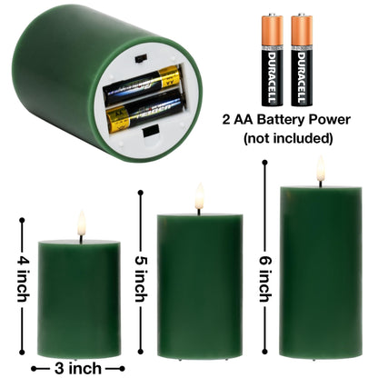 Eywamage Green Christmas Flameless Pillar Candles with Remote, Flickering Battery Operated LED Wax Candles Set of 3