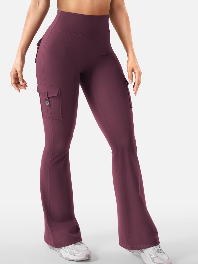 YEOREO CoreFlex Women Workout Flare Leggings with Pockets Hidden Scrunch High Waisted Cargo Gym Yoga Leggings Dark Cherry XL