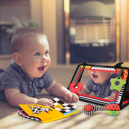 3-in-1 Tummy Time Mirror with Soft Crinkle 3D Activity Book, Teethers, Rattle - High Contrast Black and White Montessori Baby Crawling Toys Developmental Newborn Infant Sensory Toys Gift 0-12 Months