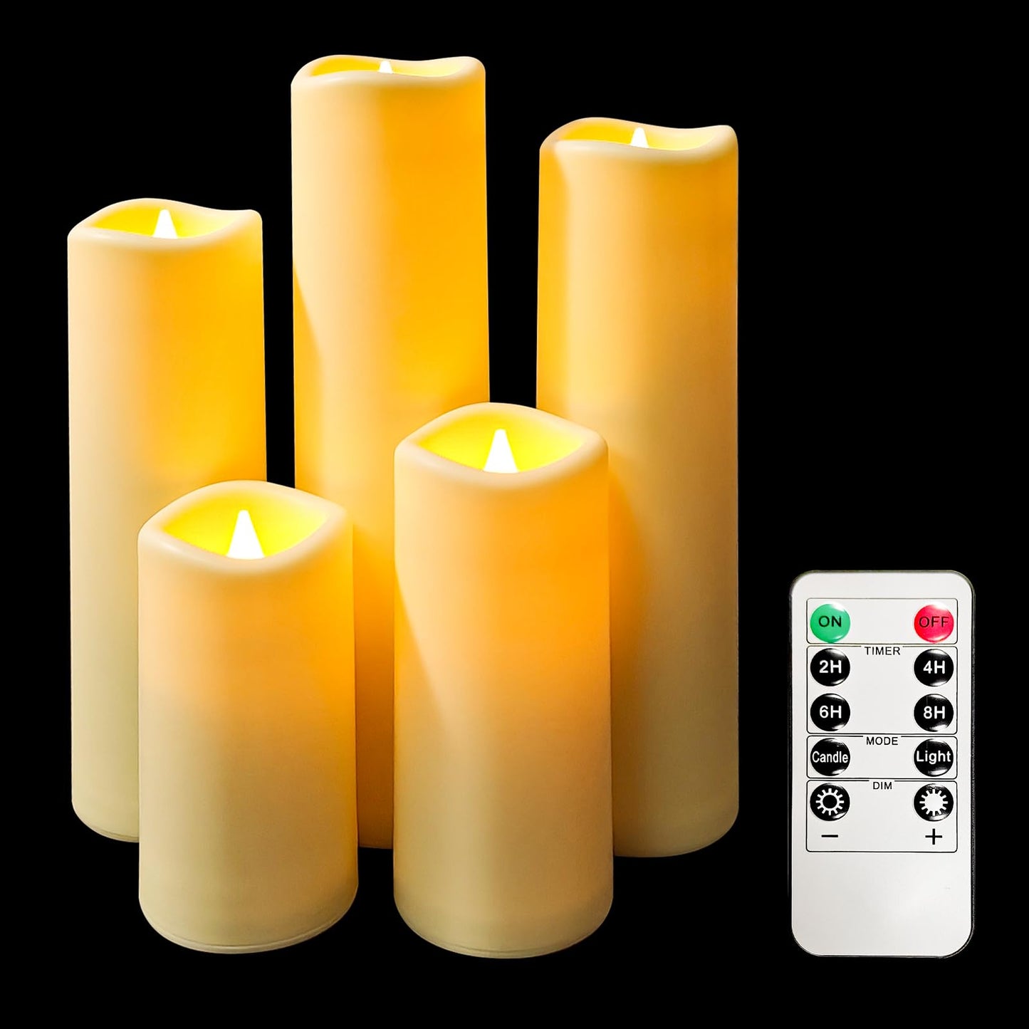YIWER LED Outdoor Flameless Candles - Set of 5 Battery Operated Candles with 10-Key Remote Ivory Flickering Plastic Pillar Candles for Wedding, Table, Festival, Halloween, Christmas Decorations