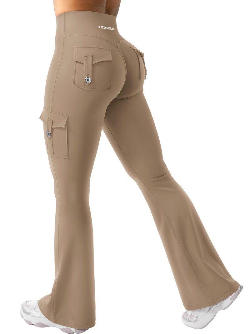 YEOREO CoreFlex Women Workout Flare Leggings with Pockets Hidden Scrunch High Waisted Cargo Gym Yoga Leggings Light Brown XXL