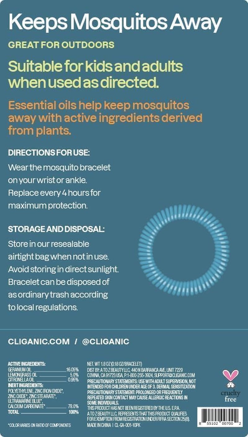 Cliganic 20 Pack Mosquito Repellent Bracelets for Adults & Kids - Natural DEET-Free Bands, Individually Wrapped