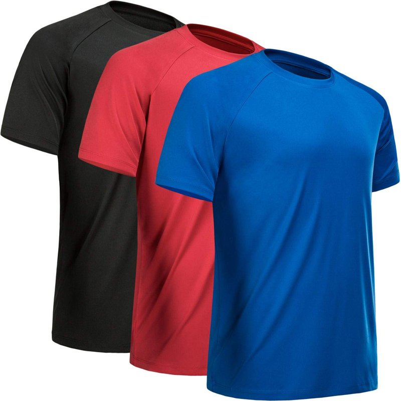 MCPORO Workout Shirts for Men Short Sleeve Quick Dry Athletic Gym Active T Shirt Moisture Wicking 3 Pack Black, Red, Blue Medium