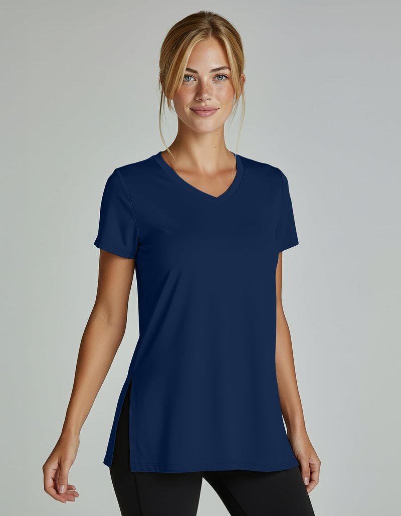 Real Essentials 5 Pack: Women's Short Sleeve Split Hem V-Neck T-Shirts, Athletic Tops, Gym, Workout, Yoga, Activewear- Set 1,XL