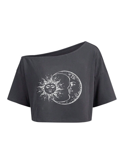 Remidoo Women's Off Shoulder Sun and Moon Graphic Crop Top Short Sleeve Loose Fit T Shirt Gray Gray Small