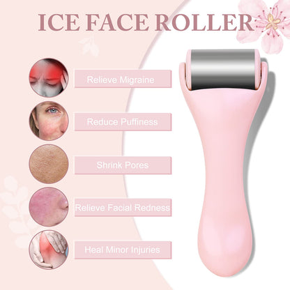 Ice Roller for Face and Eye 2 Pcs,Face Roller Skin Care for Puffiness,Migraine,Pain Relief,Eye Roller For Puffy Eyes Dark Circles,Stainless Steel Facial Roller (Pink)