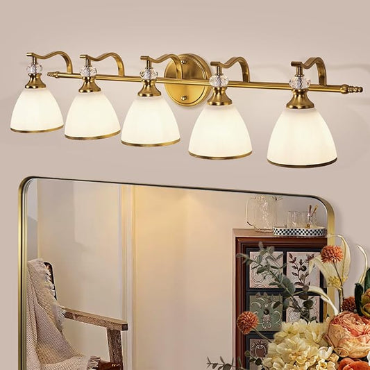 ANDY STAR Gold Bathroom Light Fixture, 5-Light Bathroom Wall Sconces, 35 inch Brass Vanity Light with Milky White Frosted Glass Shade, Large Vintage Wall Lights for Spacious Rooms