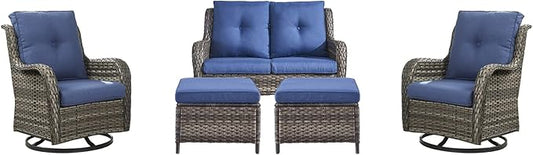 Rilyson Wicker Patio Furniture Set - 5 Piece Rattan Outdoor Sectional Conversation Sets with 2 Rocking Swivel Chairs,2 Ottomans and 1 Loveseat for Porch Deck Garden(Mixed Grey/Blue)