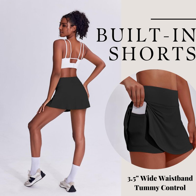 PINSPARK Tennis Skirts for Women Pleated Athletic Skort Lightweight Golf Skirts with Pocket Pickleball Outfits,Black Small