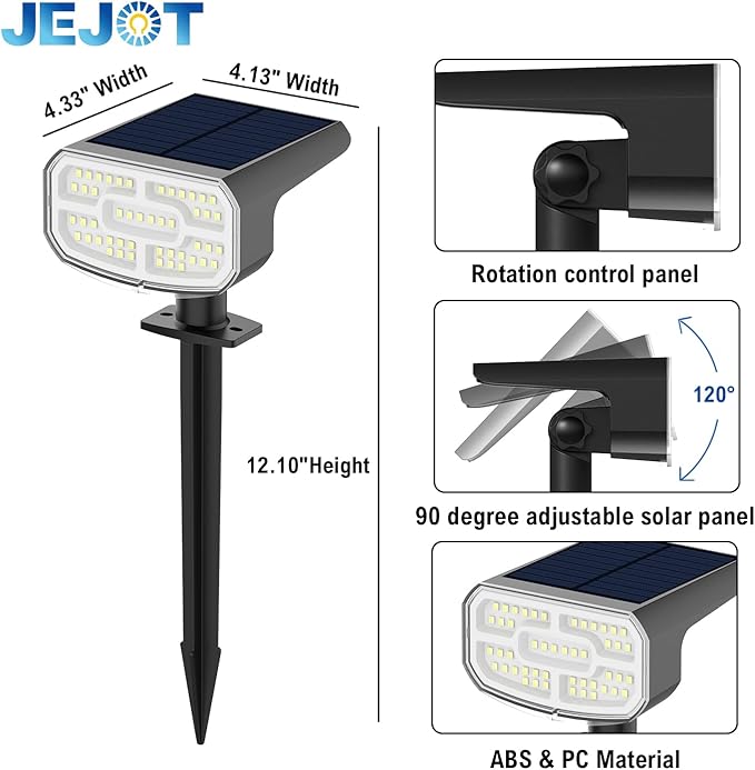 Solar Lights Outdoor Waterproof IP65, Super Bright LED, 6500K 2 Lighting Modes, Solar Powered Yard Garden Solar Spot Lights for Outside Landscape Auto On/Off -6500K,2 Pack