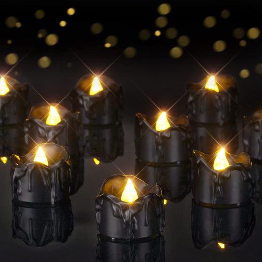 Homemory 24-Pack Melting Black Candles Battery Operated Tea Lights, Halloween Flameless Flickering Candles, Ideal for Holiday Decor, Theme Party, 1.58" Dia X 1.2''H, Warm White Glow