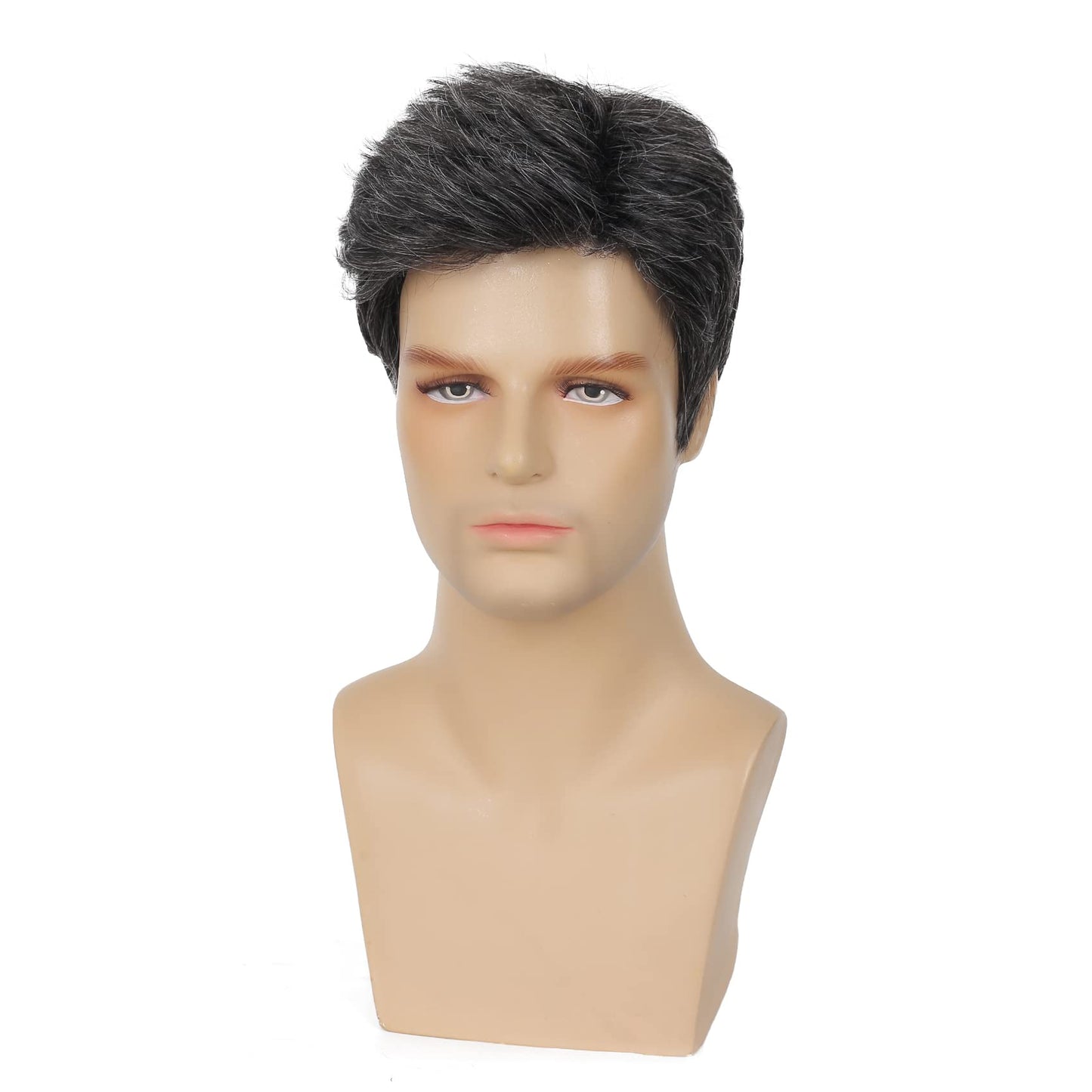 Sallcks Mens Short Black Grey Wig Natural Layered Costume Halloween Wigs Synthetic Heat Resistant Hair Replacement Wigs for Male Guys (Black Mixed Grey)
