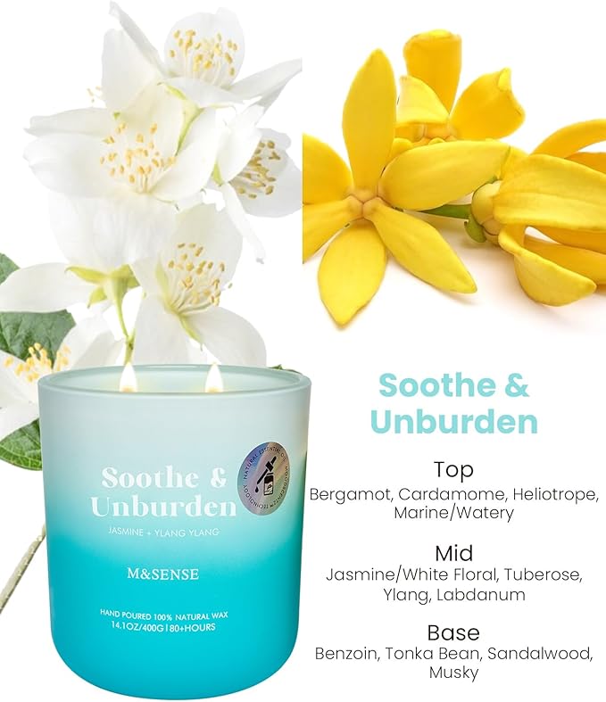 M&SENSE Jasmine & YlangYlang Scented Candle for Home, 14.1oz 80 Hours Non Toxic Natural Soy Wax Long Lasting Aromatherapy Relaxing Candles for Yoga Spa Meditation