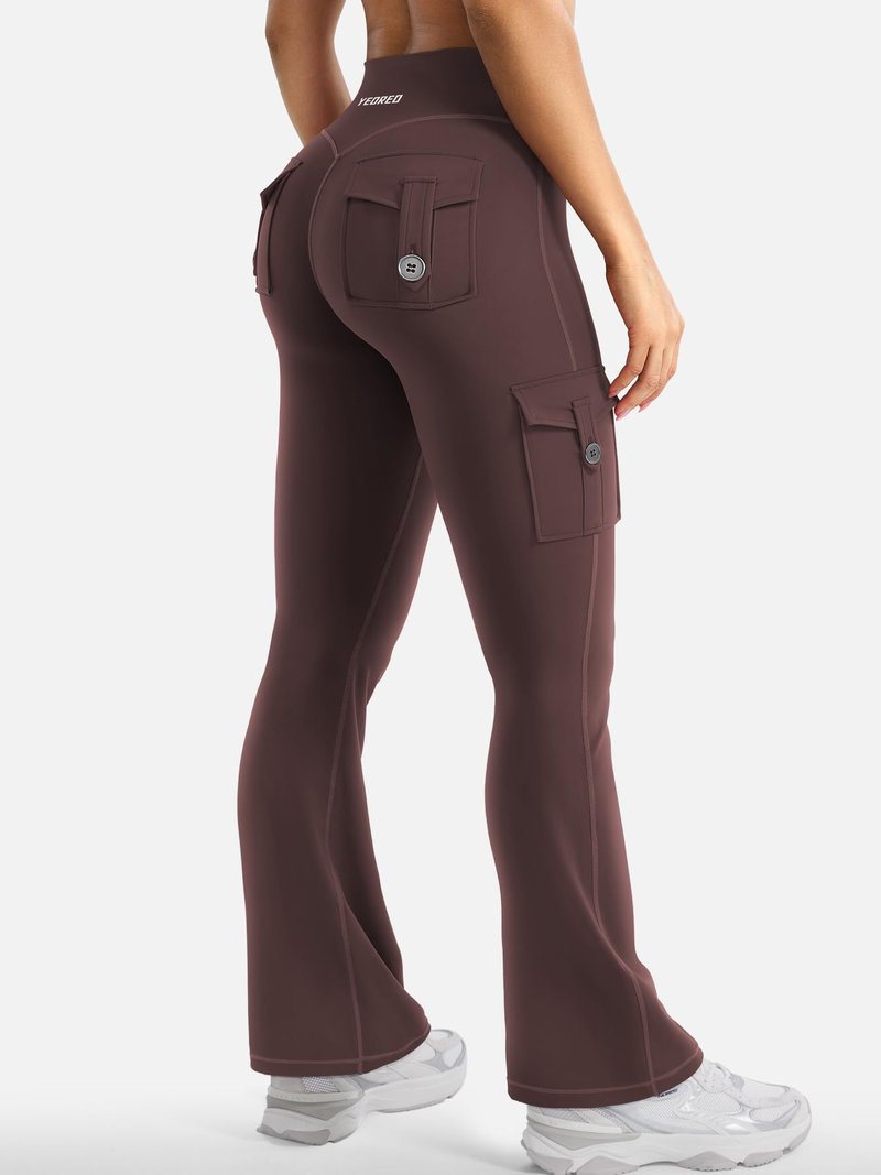 YEOREO CoreFlex Women Workout Flare Leggings with Pockets Scrunch Cargo Gym Yoga Leggings Brown XXL