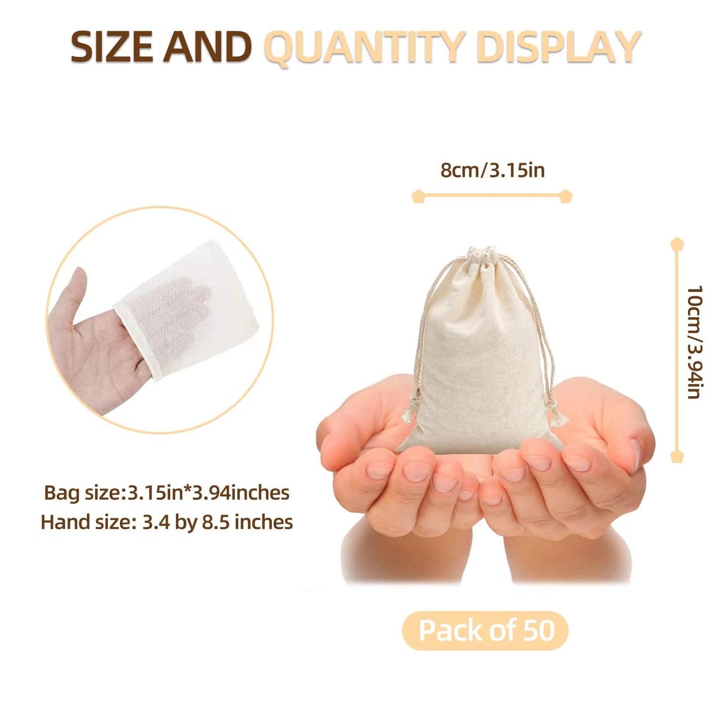 Irich 50 Pack Cotton Muslin Bags, Reusable Tea Bags with Drawstring, Small Cheesecloth Bags for Cooking, Soup, Tea Coffee Filter, Spice Storage (8 * 10cm)