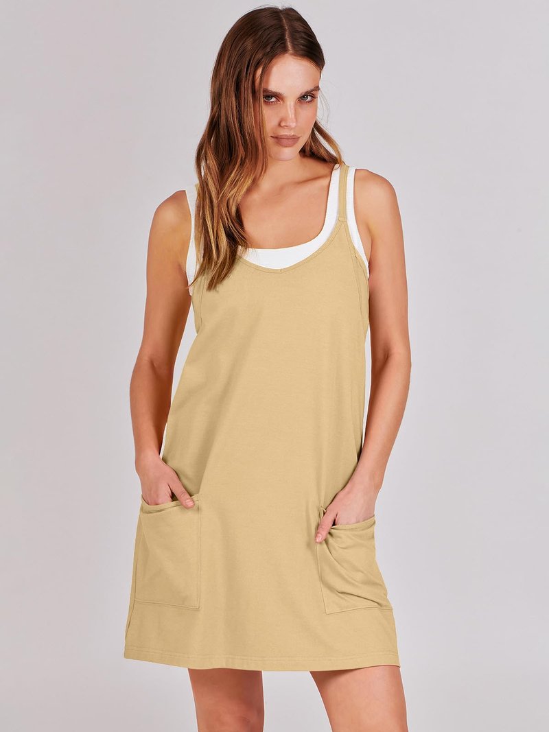 ANRABESS Women Athletic Dress Summer Tennis Workout Active Sports Mini Romper Dress Built in Shorts Travel Vacation Clothes Light Yellow Small