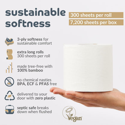 Bumboo Bamboo Toilet Roll 24 Pack | Toilet Paper 3 ply, 300 Sheets | Organic Eco Toilet Paper | Plastic-Free, Soft, Strong, Sustainable & Biodegradable Toilet Tissue