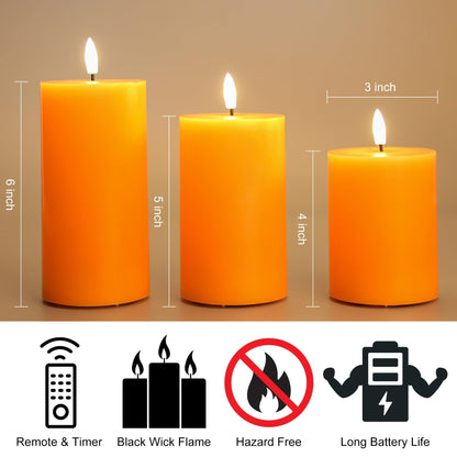 Eywamage Orange Fall Flameless Pillar Candles with Remote, Flickering Thanksgiving LED Wax Candles Battery Operated Set of 3