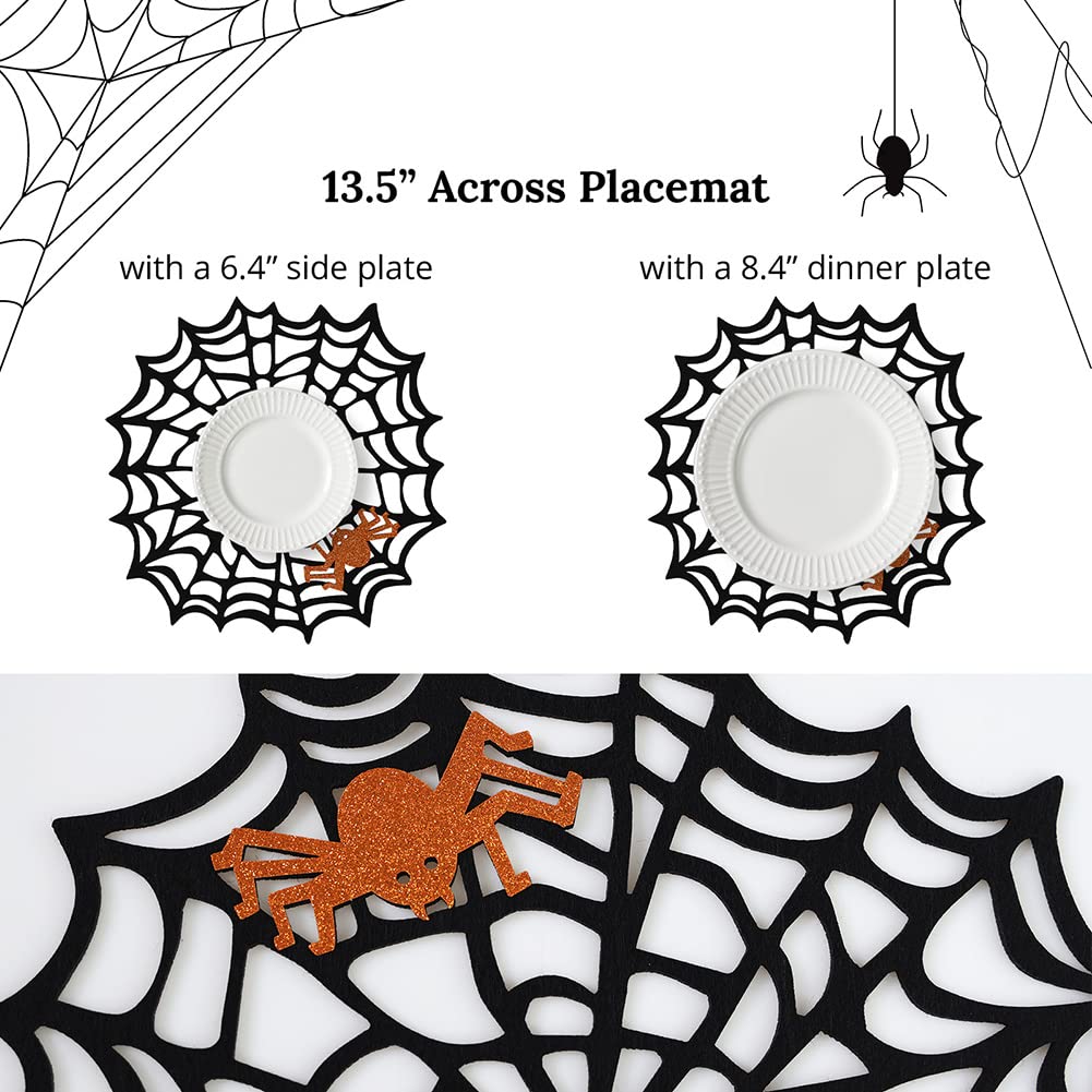 Feuille Round Halloween Placemats Set of 4 13.5 Inch Black Spider Web Placemats with Orange Glitter Felt Spider Placemats Perfect for Halloween Decorations Indoor