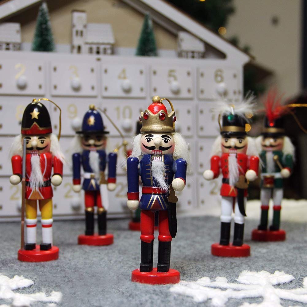 Joliyoou Wooden Christmas Nutcracker, 6 Pcs Mini Soldier Figurines 5.1 inch Ornaments for Xmas Gifts