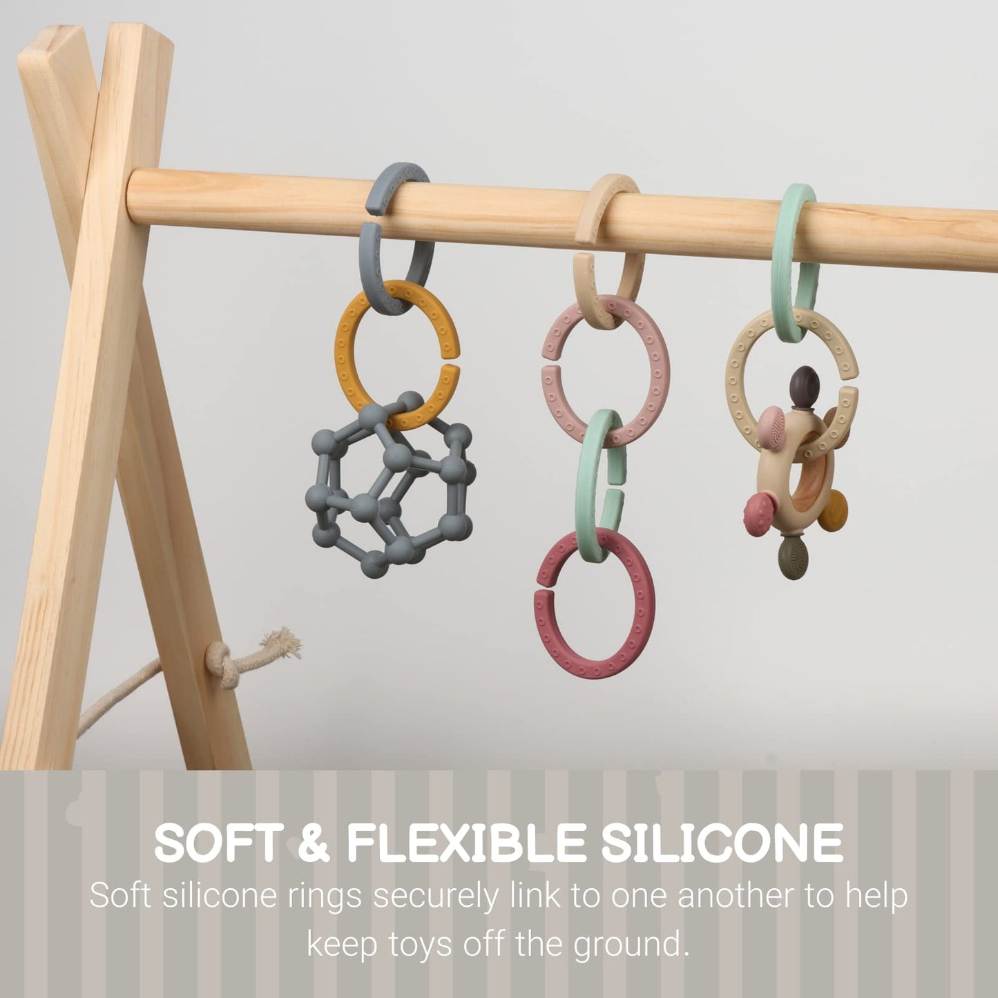 Baby Linkable Rings Set and Silicone Baby Teethers - Attach to Strollers, Car Seats & More - Food Grade Silicone, BPA & Phthalate Free (Set of 6)