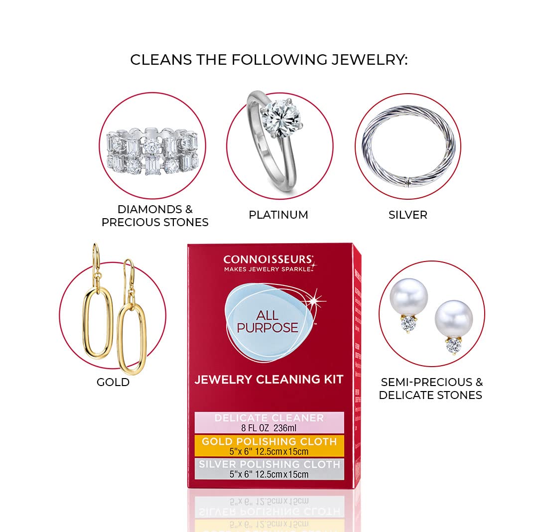 Connoisseurs All-Purpose Jewellery Cleaning Kit | Jewellery Cleaner with Gold & Silver Polishing Cloth | Silver Cleaning Cloth & Gold Polishing Cloth with Liquid Cleaning Solution for Precious Stones