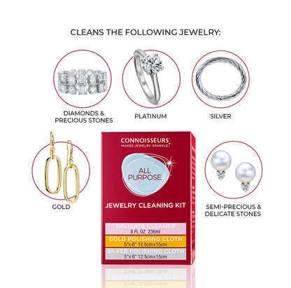 Connoisseurs All-Purpose Jewellery Cleaning Kit | Jewellery Cleaner with Gold & Silver Polishing Cloth | Silver Cleaning Cloth & Gold Polishing Cloth with Liquid Cleaning Solution for Precious Stones