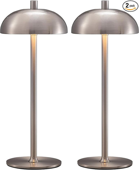 Cordless LED 12" Small Table Lamps Set of 2, Modern Portable Desk Lamp, 3 Color Dimming Rechargeable Battery Lights, for Bedroom, Outdoor, Restaurant, Bedside, Baby Night Light, Gifts (Nickel)