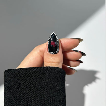 24 Pcs Black Nails Halloween Press on Nails Medium Length Fake Nails Almond RIICFDD False Nails with Red Rose and Skull Pattern Design Full Cover Horror Stick on Nails for Women and Girls