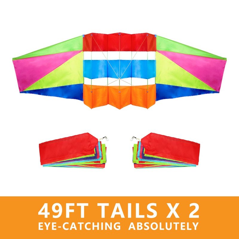 Beach Kites for Adults Large with Long Tail, 98 inches Super Easy Flyer 3D Rainbow Box Kites, Come with 49 Feet Multi Colors Tails x 2, 300 ft Kite String & Handle