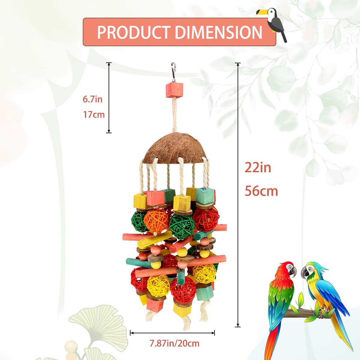 MQUPIN Large Parrot Toys 22 Inch Chewing Parrot Toy Upgraded,Parakeet Cage Bite Toys,Hanging Multicolored Natural Wooden Quaker Parrot Toys African Grey for Large Parrot (Colourful)