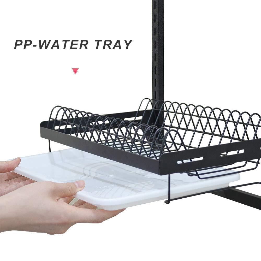 junyuan Hanging Dish Drying Rack Wall Mount,Dish Racks Drainer,3 Tier Kitchen Plate Organizer Storage Shelf with Drain Tray with 3 Hooks,Stainless Steel Black Coating (3 Tier, 21.8)