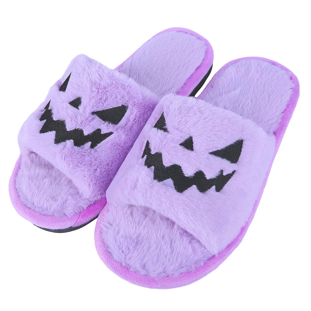 TITTOK Spooky Slides Halloween Slippers Jack O Lantern Pumpkin Soft Plush Cozy Open Toe Indoor Outdoor Fuzzy Slippers Gifts For Girls Women Girlfriend Men