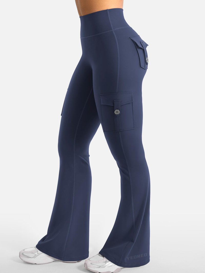 YEOREO CoreFlex Women Workout Flare Leggings with Pockets Hidden Scrunch Cargo Gym Yoga No Front Seam Leggings Navy M