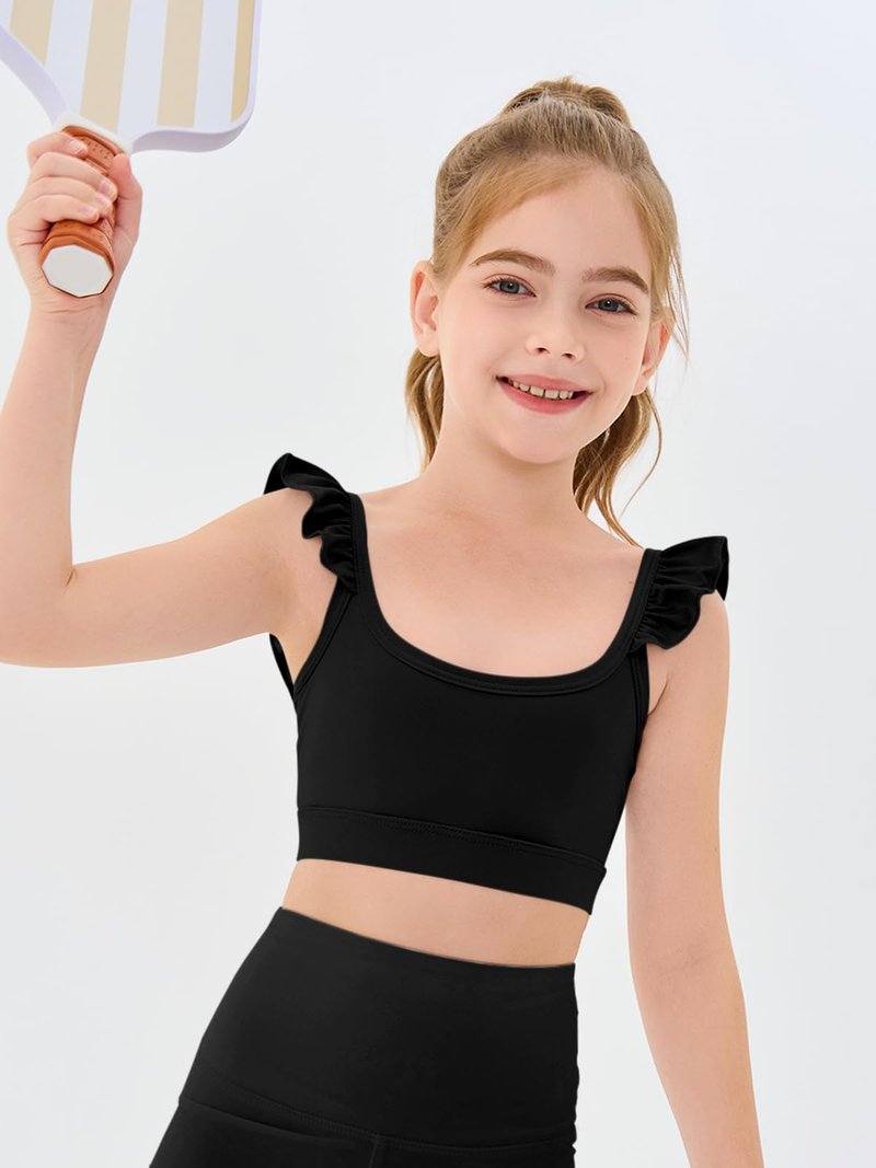 Haloumoning Girls Training Bra Kids Cute Ruffle Sports Bra Workout Yoga Bra Comfort Dance Crop Top Black