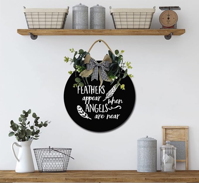 Angels Appear Front Door Sign Funny Wreaths Hanging Wooden Plaque Decoration Round Rustic Wood Farmhouse Porch Decor for Home Front Door Decor, 11 x 11 Inch
