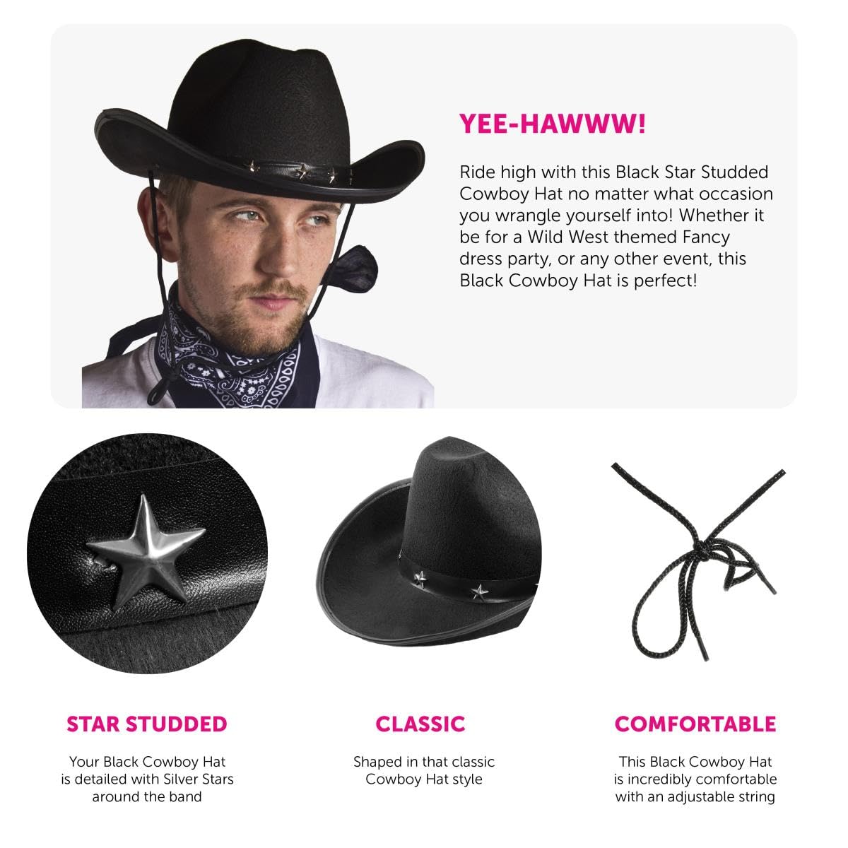 I LOVE FANCY DRESS LTD Cowboy Hat & Cowboy Neckscarf Accessories. Black Star-studded Cowboy Hat & White Bandana. Wild West Western Sheriff. Pack of: 1 | Bandana Colour: Black