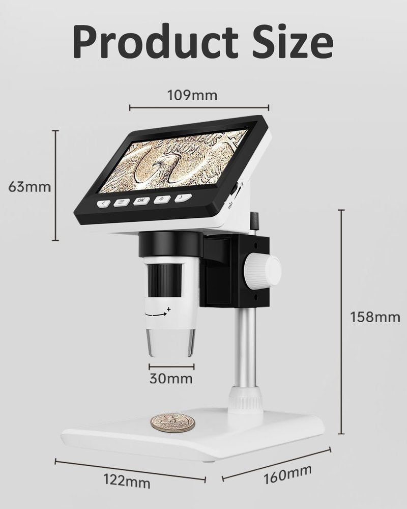 Digital Coin Microscope 1000X, 4.3" LCD Coin Magnifier with Screen for Error Coins, 1080P USB Microscope with 8 Adjustable LED Lights, Photo & Video, Built-in Storage, Compatible with Windows/MacOS