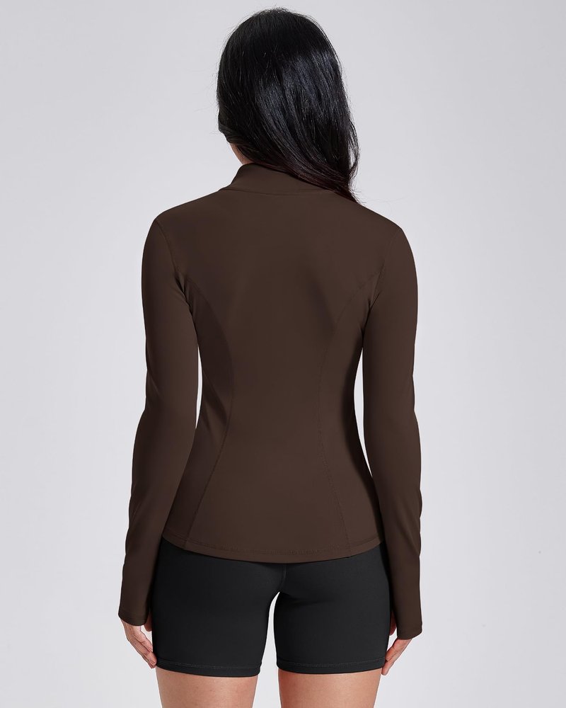 AVGO Womens Workout Jackets Lightweight Athletic Zip Up Jacket Slim Fit Running Gym Top with Pockets & Thumb Holes(Roasted Brown, L)