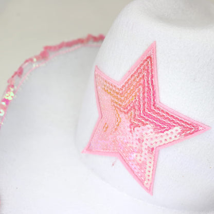 GiftExpress White Felt Cowgirl Hat with Pink Sequin Star, Country Themed Party Cowboy Dressup Play Costume Hat For Teens & Adults