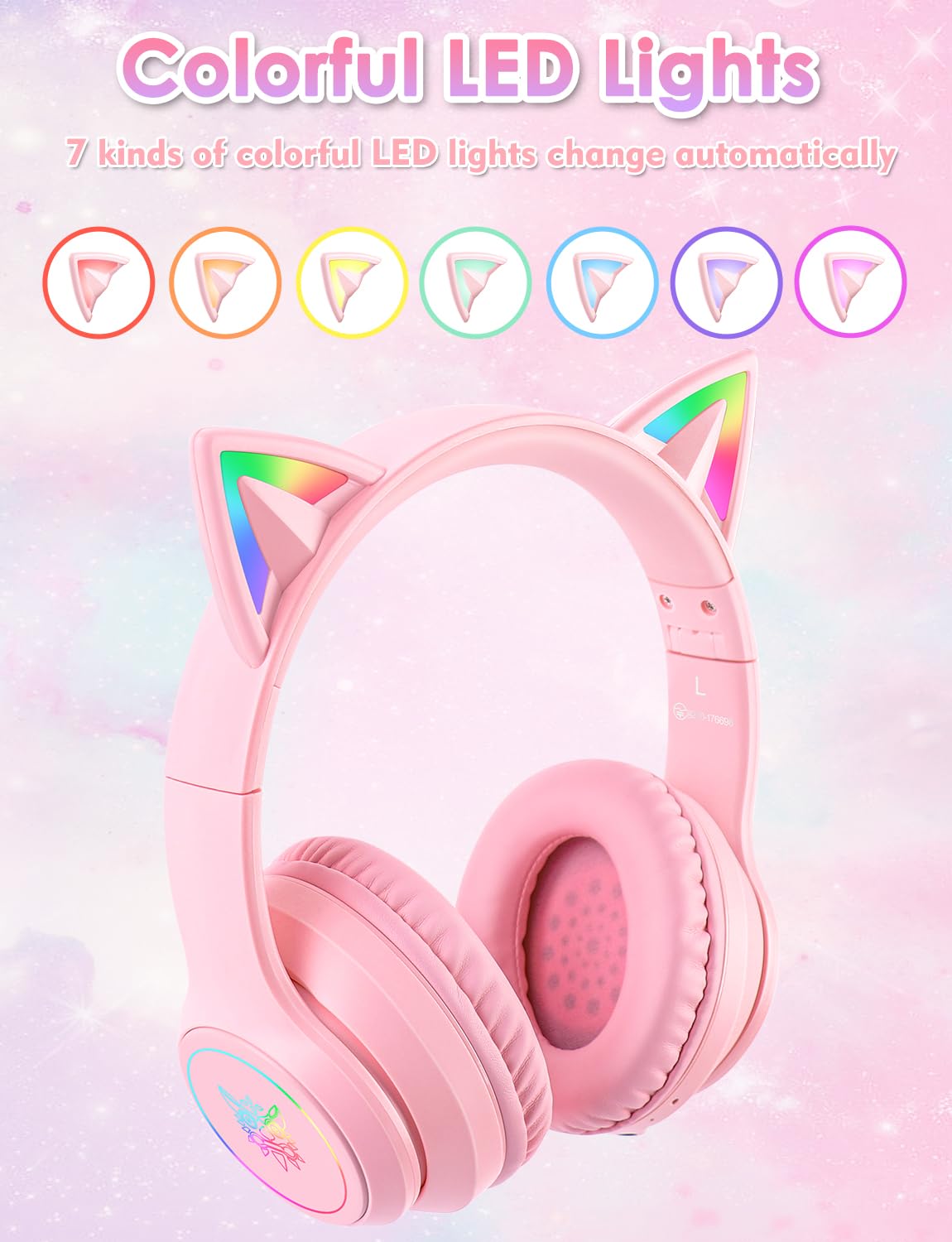 Bluetooth Kids Headphones with Microphone, Cat Ear LED Light Up and 85dB Volume Limited Toddlers Study Headphones, Wireless Foldable HI-FI sound Over-Ear School Headphones for iPhone/iPad/Laptop/PC